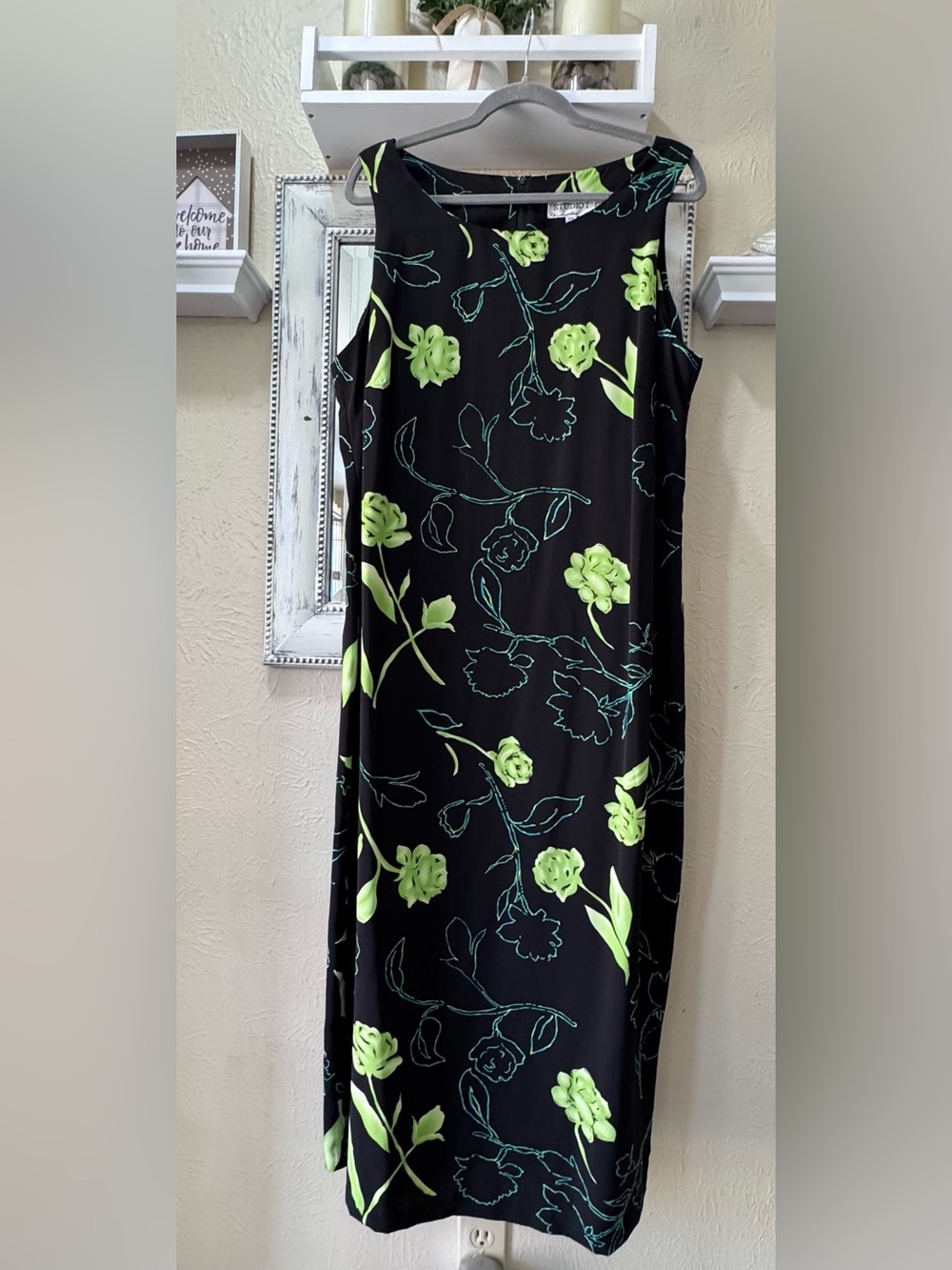 Studio I Black Maxi Dress with Neon Green Floral Print Sz 18W